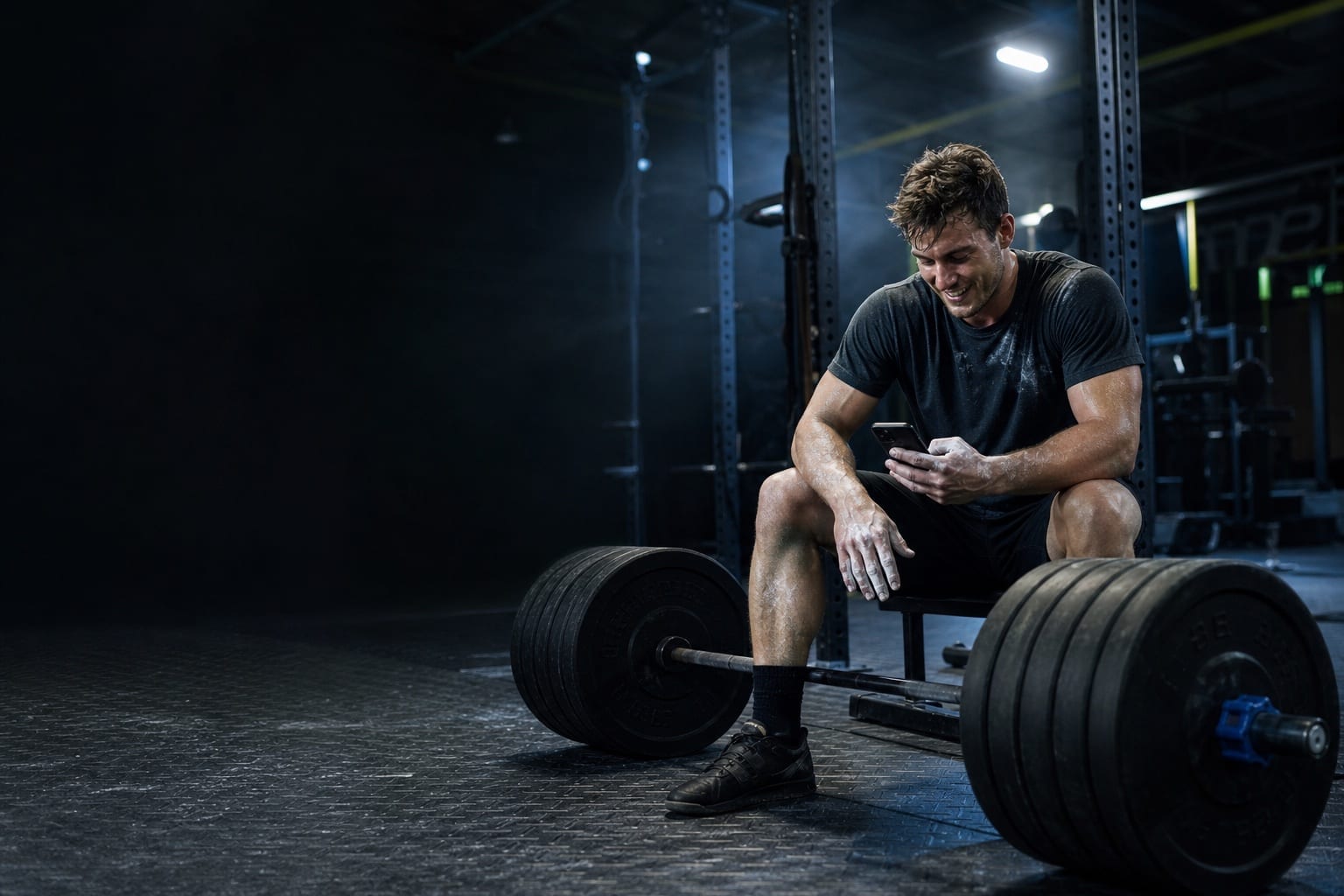 A lifter checking a completed workout beside a loaded barbell