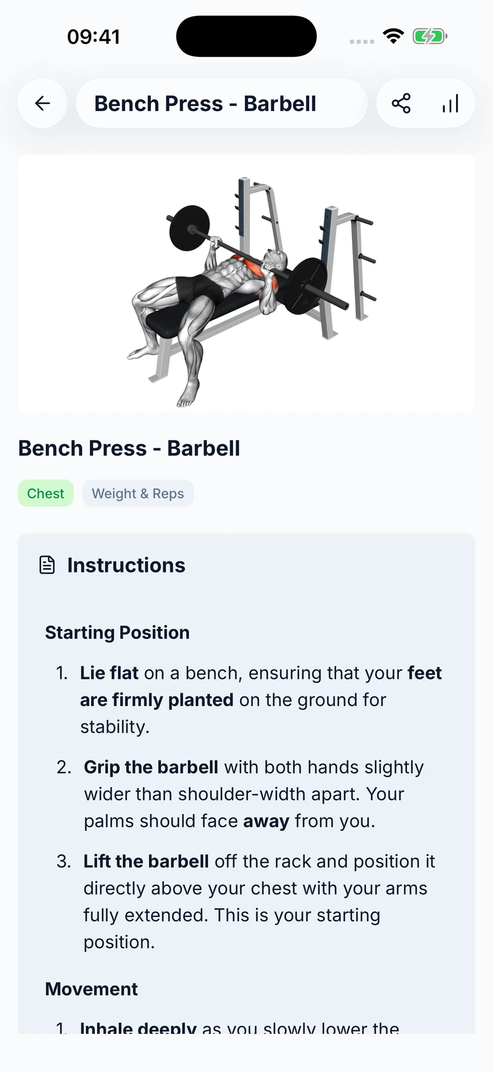 PRZone bench press exercise details with an illustration and instructions