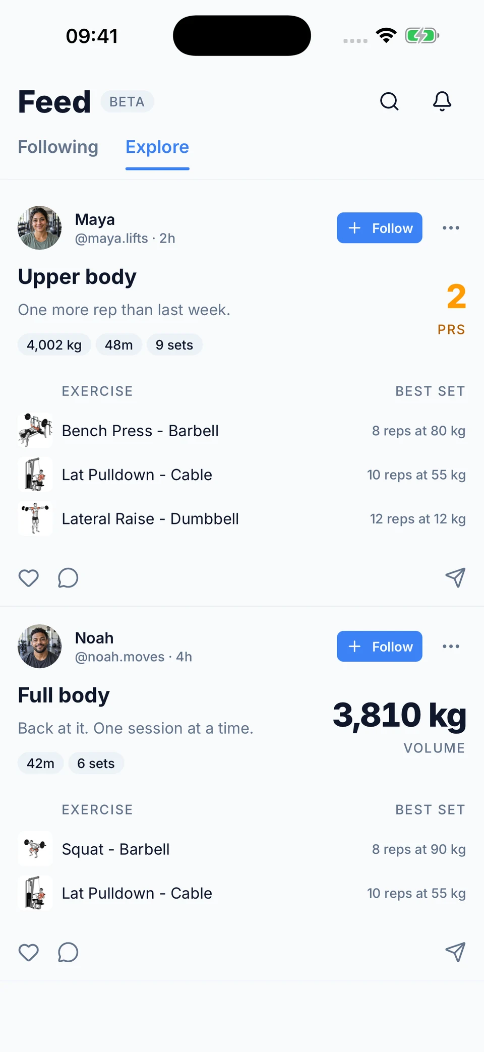 PRZone social feed with shared workouts, follow buttons, likes, and comments
