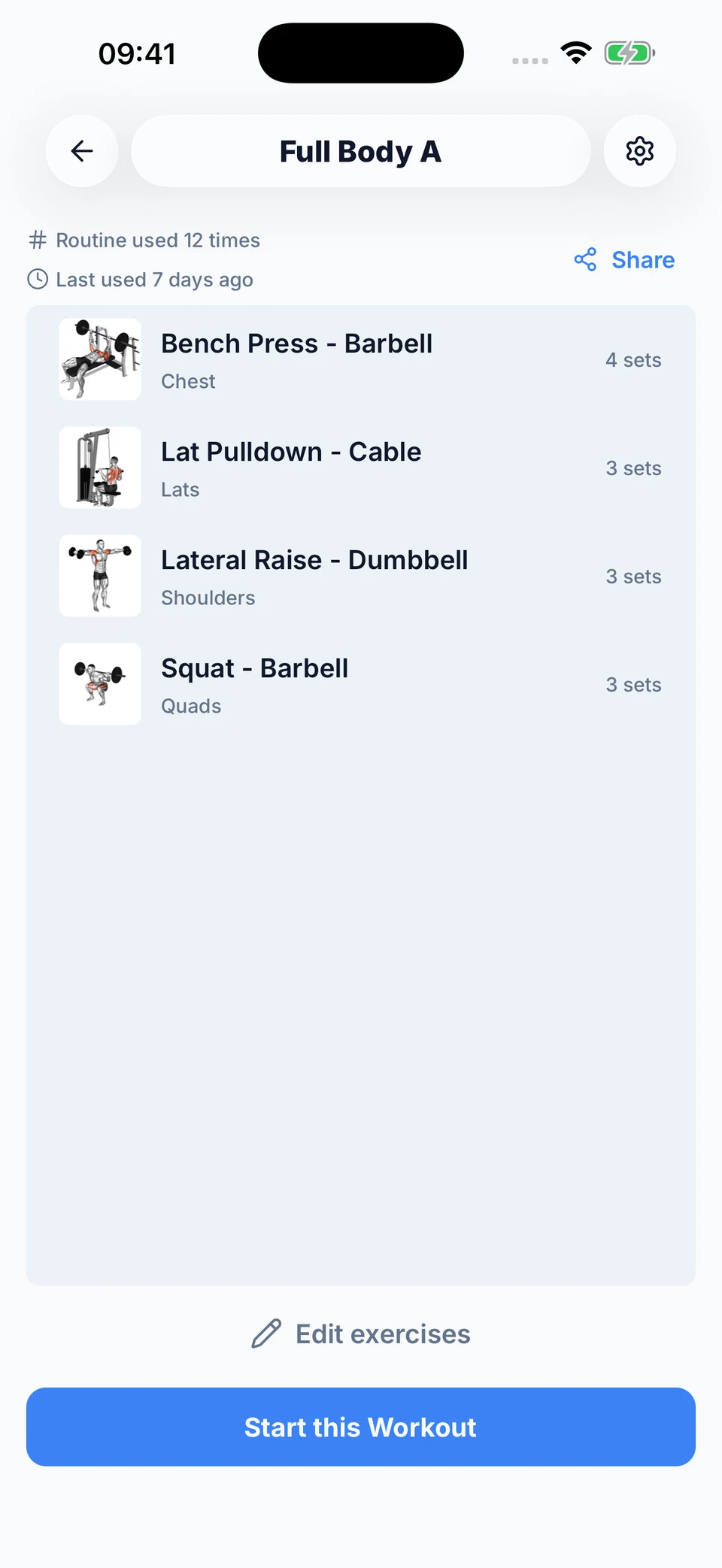 A saved PRZone full-body routine with exercises and set counts