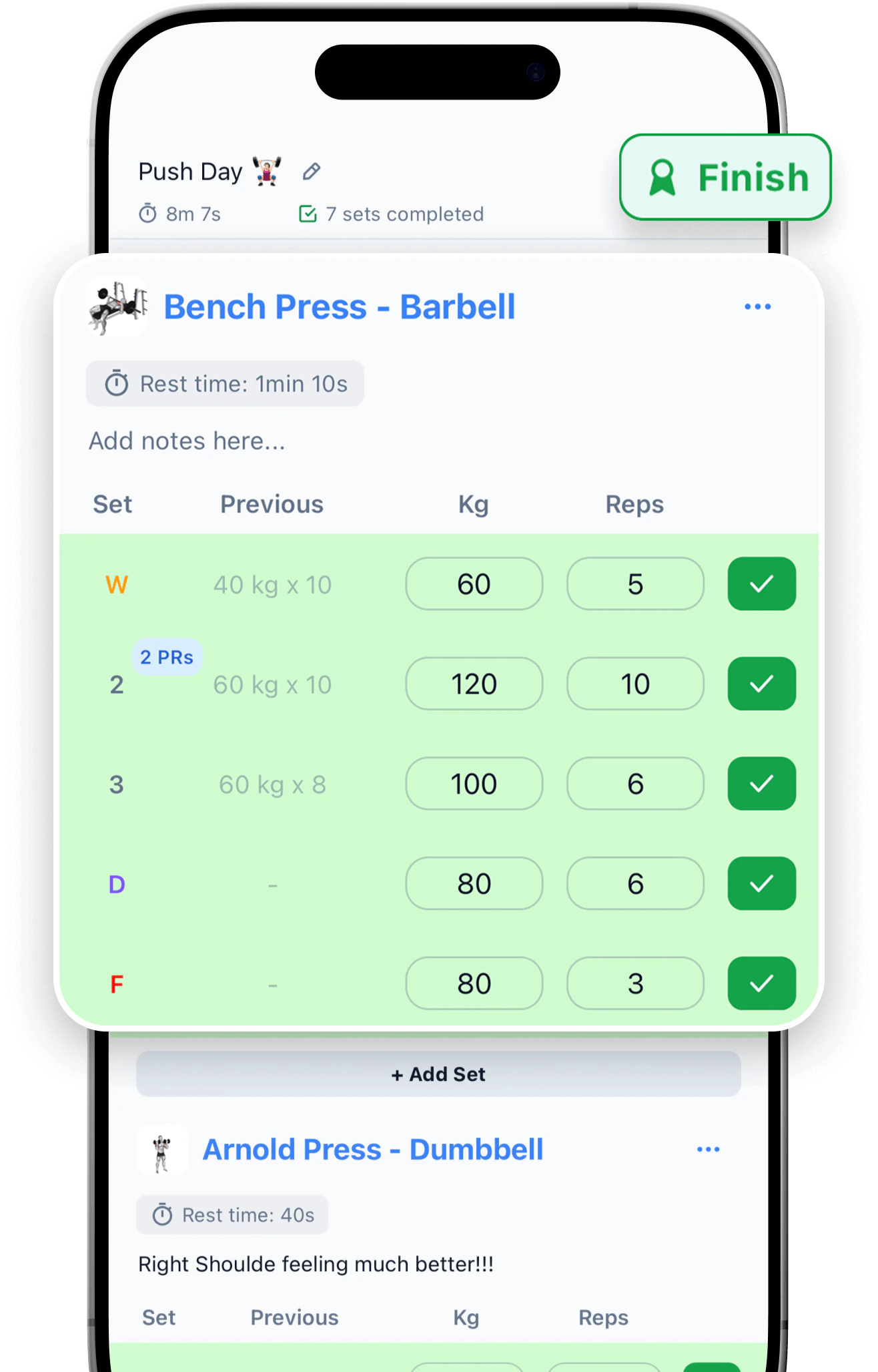 PRZone live workout tracker showing completed sets and personal records